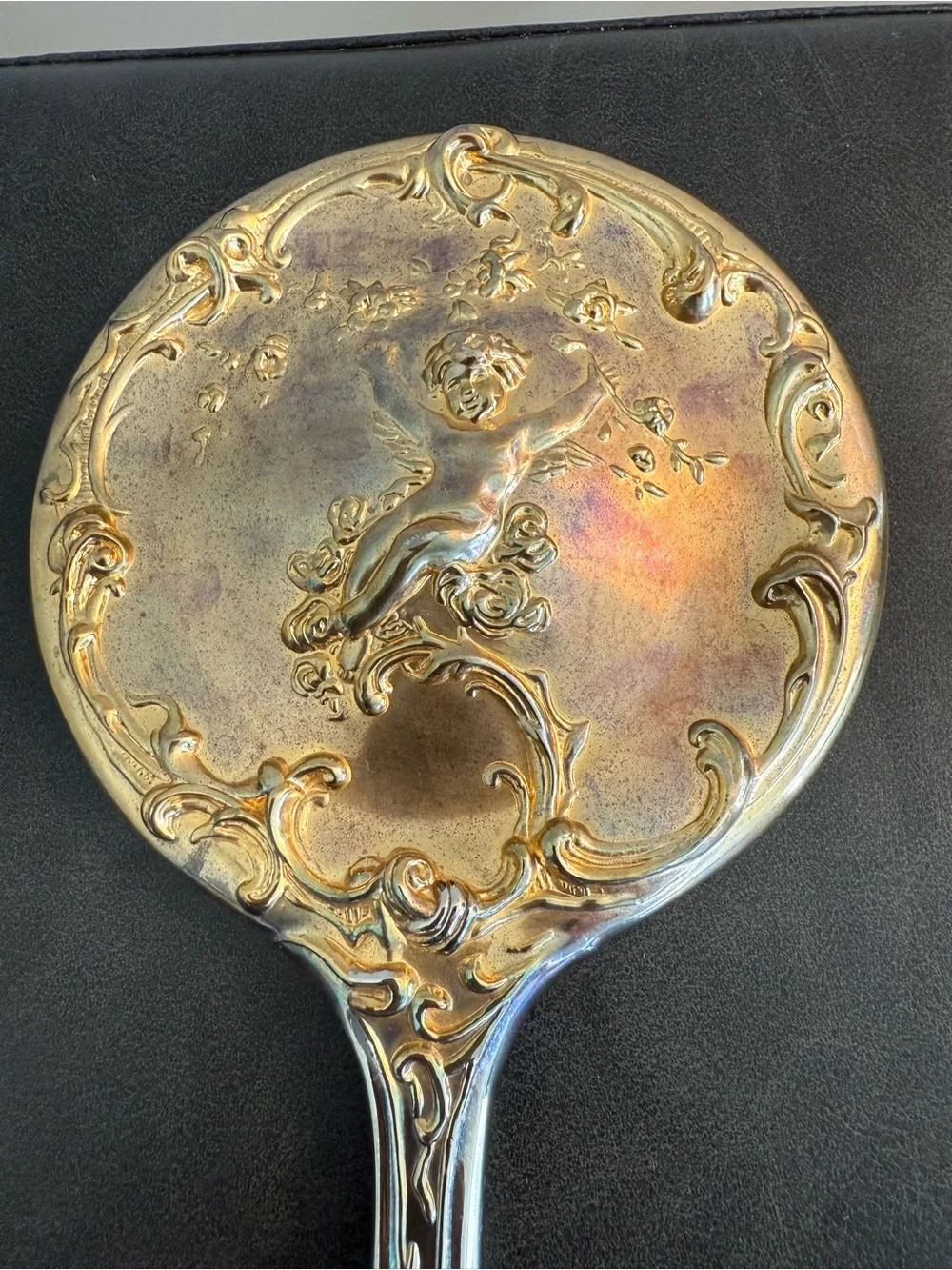 Vintage Early 1900Ss Ornate Gold-Tone Cherub design Heavy Hand Held Mirror